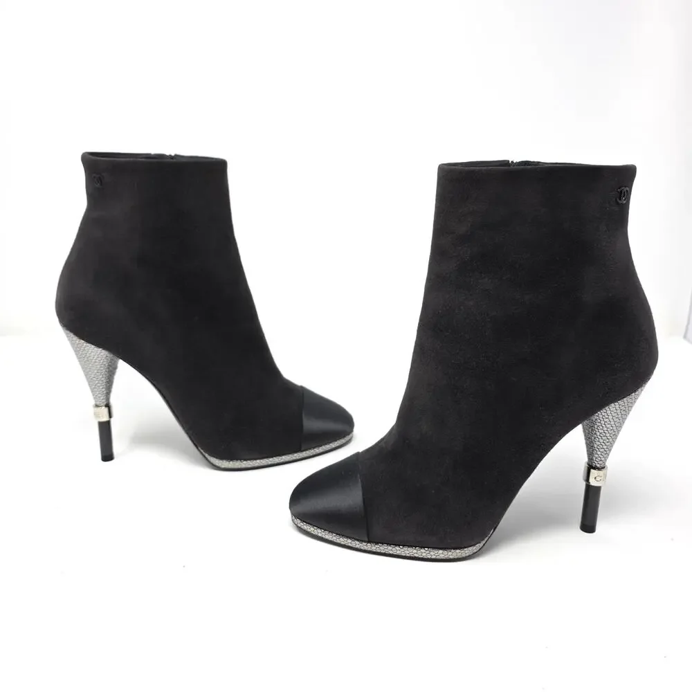 Chanel Suede Ankle Boots CC Logo Cap Toe Grey Black Silver Heels 37 6.5